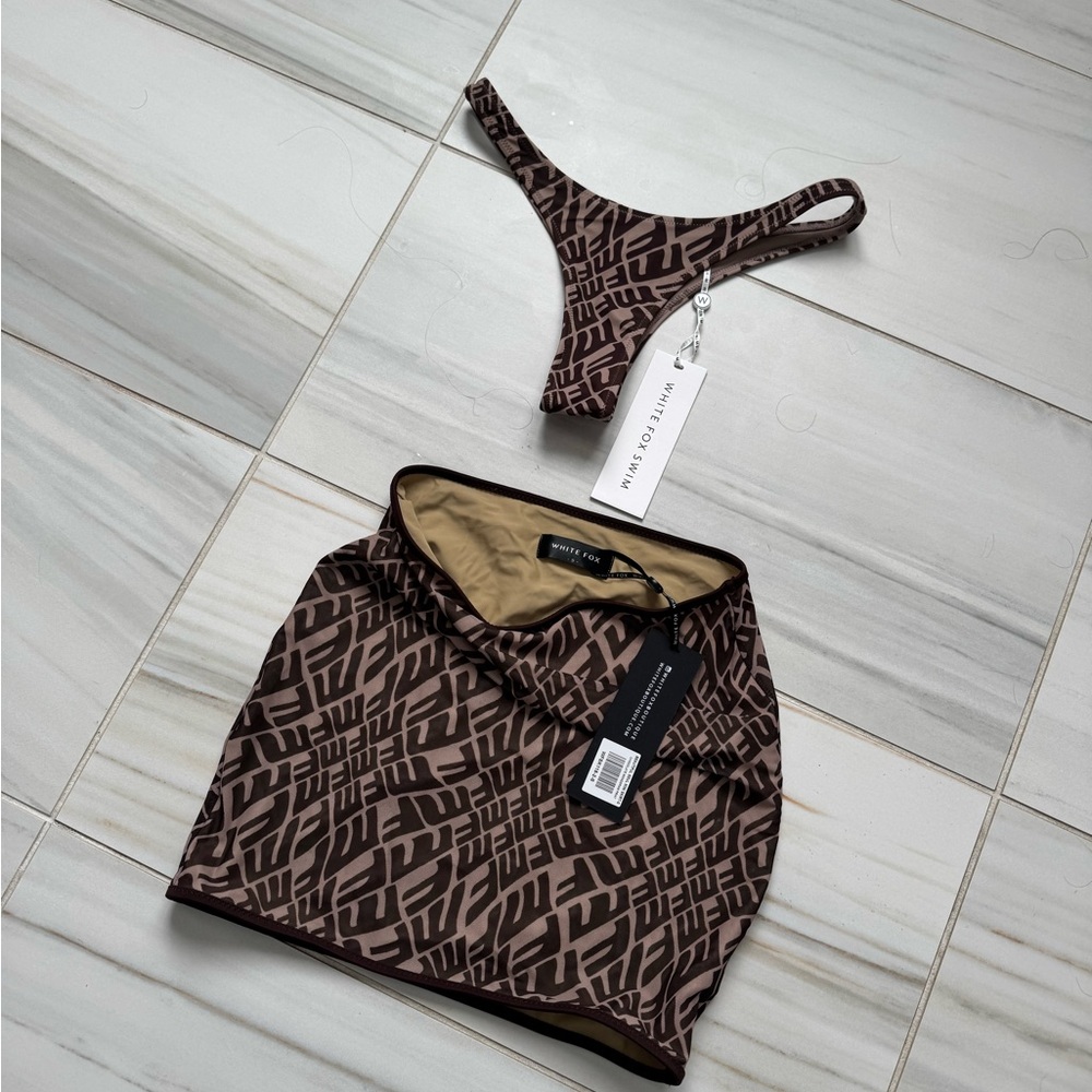 Brown Geometric Print Skirt and Thong Set